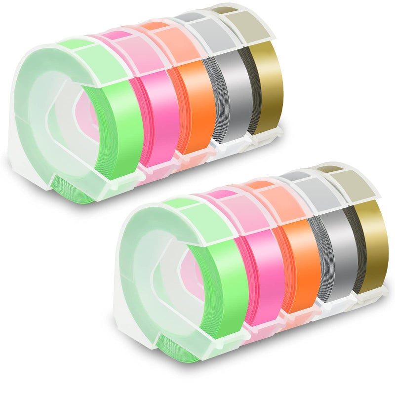 Pristar Compatible for DYMO Embossing 3D Plastic Label Tapes 9mm, Work with DYMO Junior Home Embossing Label Maker, Organizer Xpress Pro, Neon Pink/Orange/Green/Gold/Silver, 3/8" x 9.8', 10-Pack - Image 1